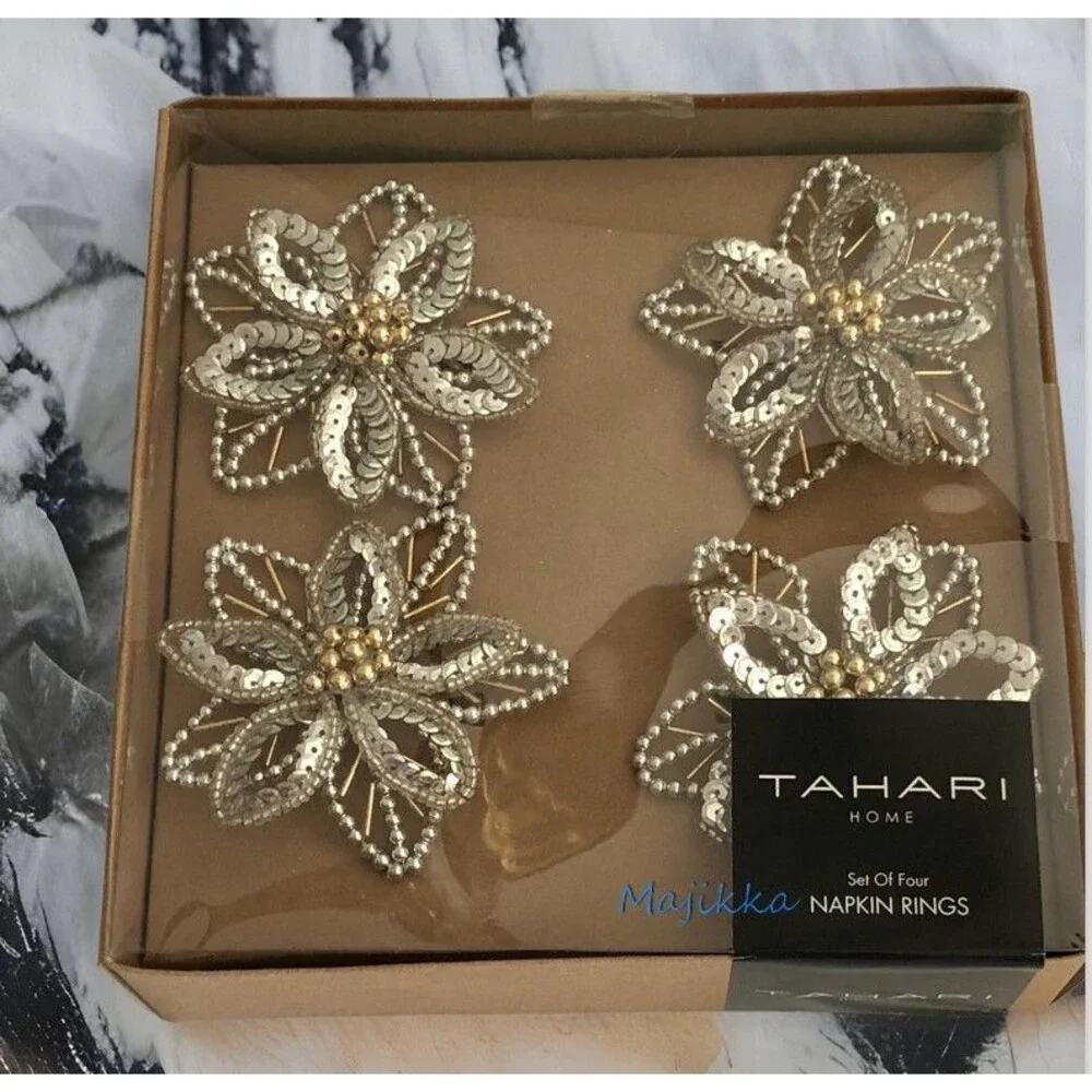 Tahari Poinsettia Flower Napkin Rings Beaded Silver Christmas Holiday Set of 4